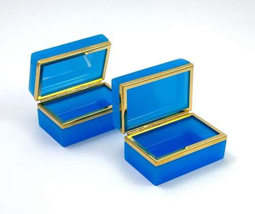 Pair of Antique Murano Blue Opaline Glass Rectangular Boxes