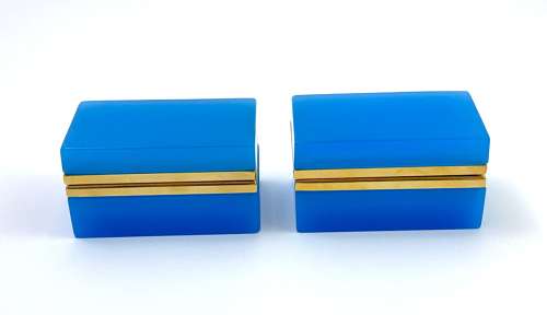 Pair of Antique Murano Blue Opaline Glass Rectangular Boxes