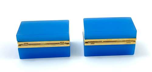 Pair of Antique Murano Blue Opaline Glass Rectangular Boxes