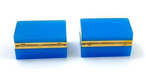 Pair of Antique Murano Blue Opaline Glass Rectangular Boxes