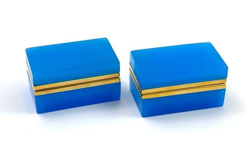 Pair of Antique Murano Blue Opaline Glass Rectangular Boxes