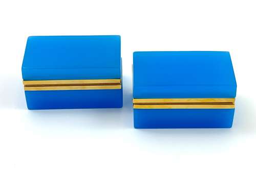Pair of Antique Murano Blue Opaline Glass Rectangular Boxes