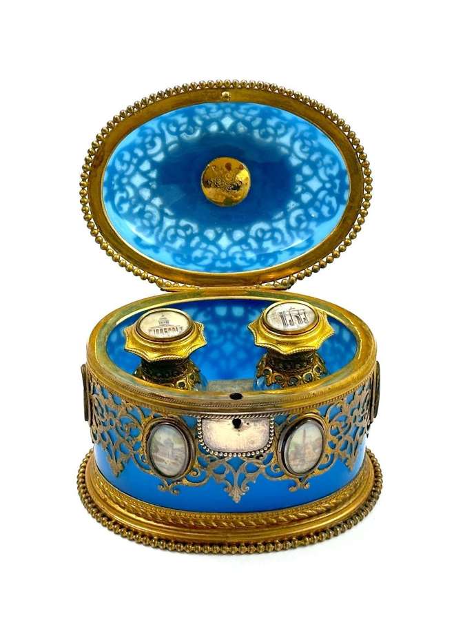 Super Antique Palais Royal Oval Blue Opaline Glass Perfume Casket