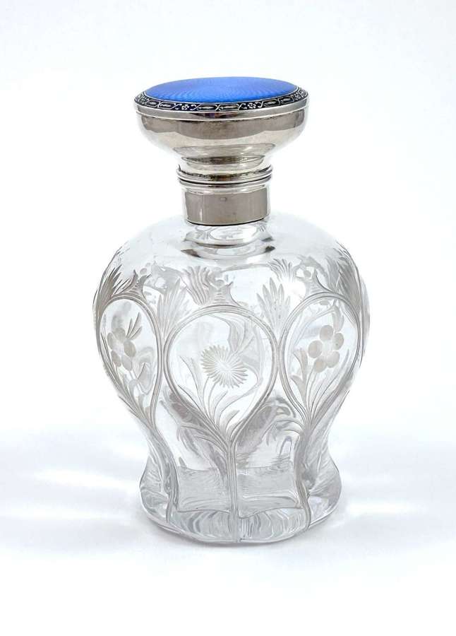 Large Webb Engraved Crystal & Silver Perfume Bottle with Guilloche Top