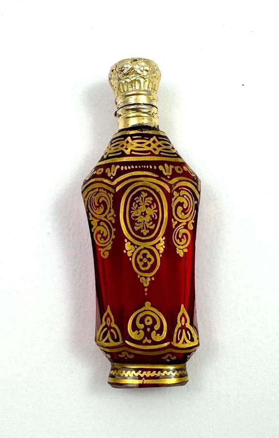 Antique French Ruby Red Crystal Glass & Gold Enamelled Perfume Bottle