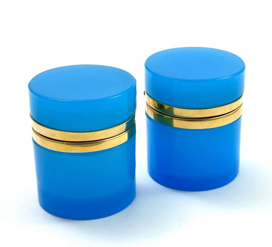 A Small Pair of Antique Blue Opaline Glass Cylindrical Caskets
