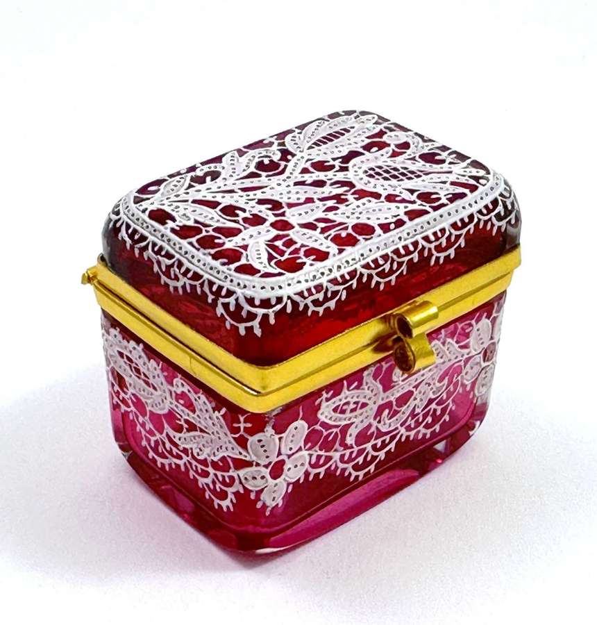 Antique Miniature Cranberry Glass Box with Lace Design