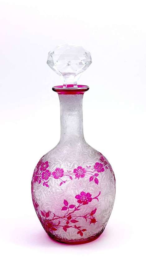 A Large Antique BACCARAT Eglantier Pattern Cranberry Pink Glass Bottle