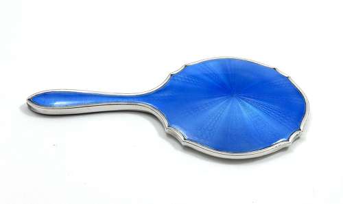 Antique Hukin and Heath Silver and Guilloche Enamel Hand Mirror.
