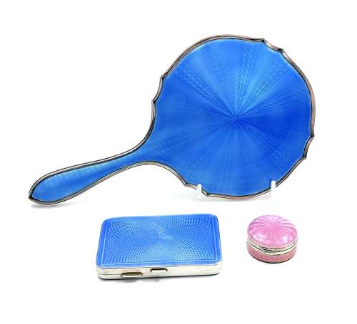 Antique Hukin and Heath Silver and Guilloche Enamel Hand Mirror.