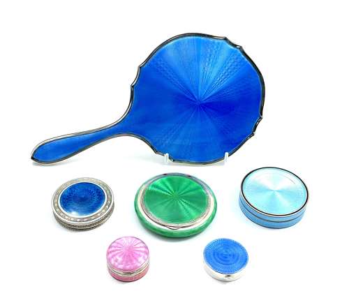 Antique Hukin and Heath Silver and Guilloche Enamel Hand Mirror.