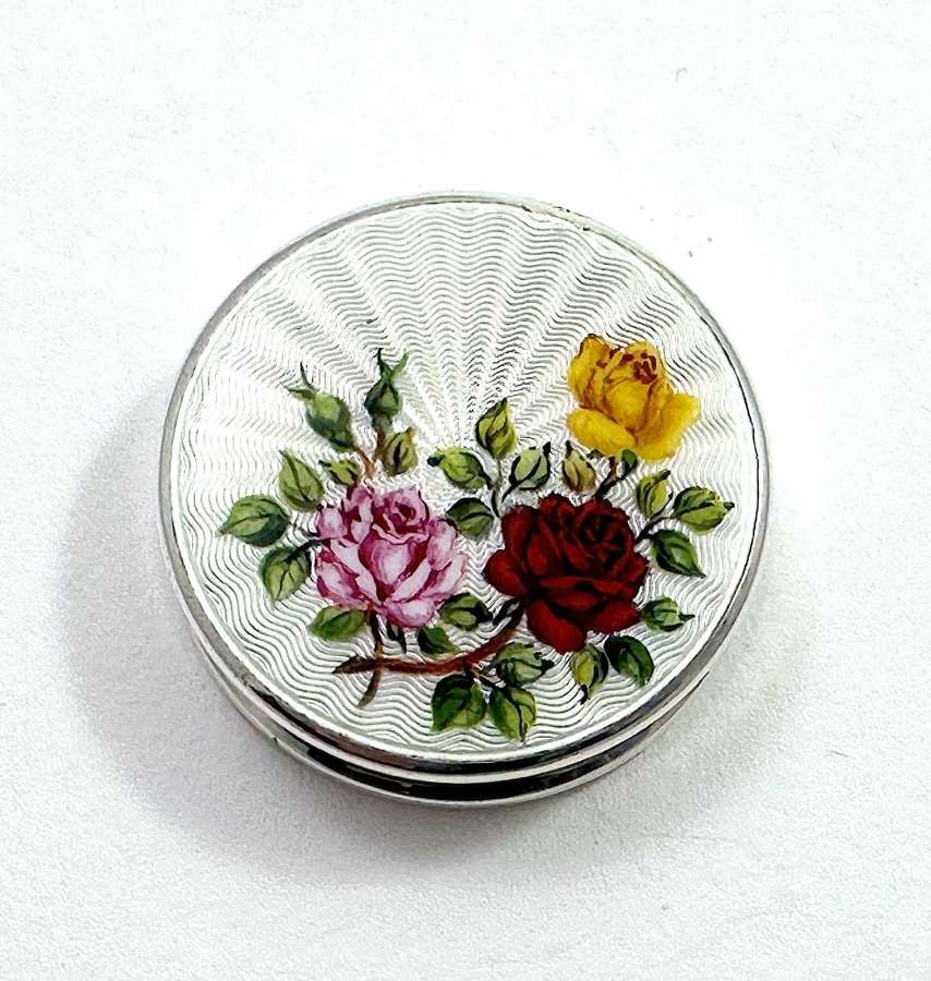 Antique Guilloche Enamel and Silver Pill Box with Three Roses