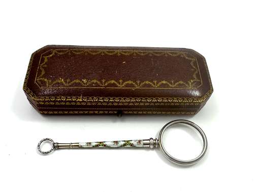 Antique French Silver and Enamel Lorgnettes in Original Leather Box.
