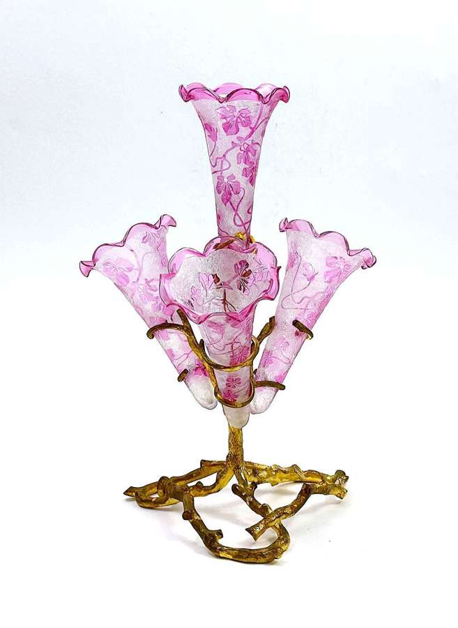 Outstanding Quality Antique BACCARAT Cranberry Pink Acid Glass Epergne