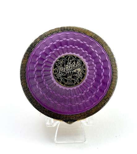 Fine Antique Guilloche Enamel and Silver Plique a Jour Compact Box .