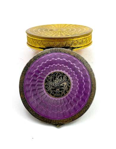 Fine Antique Guilloche Enamel and Silver Plique a Jour Compact Box .
