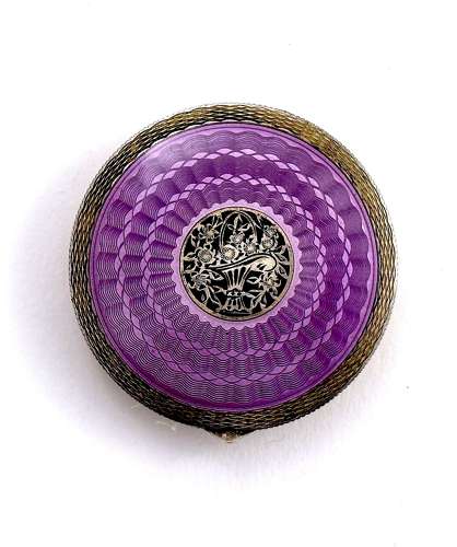 Fine Antique Guilloche Enamel and Silver Plique a Jour Compact Box .