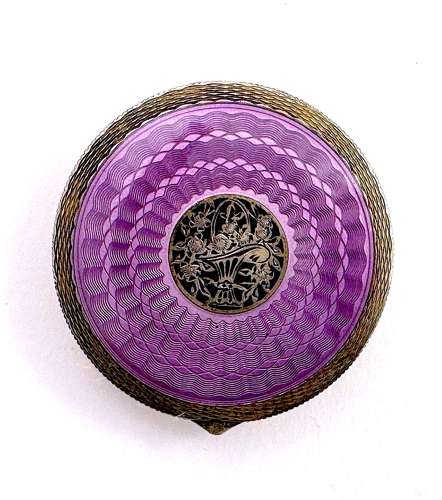 Fine Antique Guilloche Enamel and Silver Plique a Jour Compact Box .
