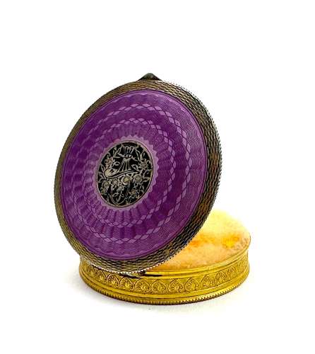 Fine Antique Guilloche Enamel and Silver Plique a Jour Compact Box .