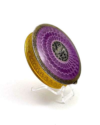 Fine Antique Guilloche Enamel and Silver Plique a Jour Compact Box .