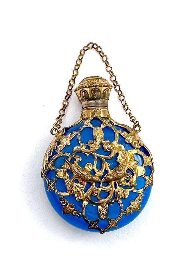 Antique Palais Royal Blue Opaline Glass Scent Bottle with Chatelaine