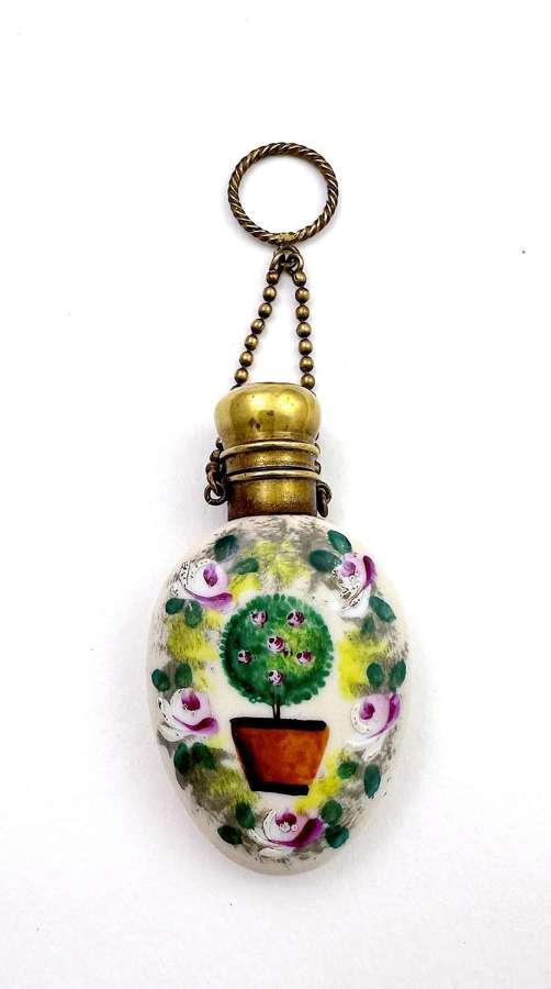 Unusual Antique French Porcelain Perfume Bottle with Topiary Design