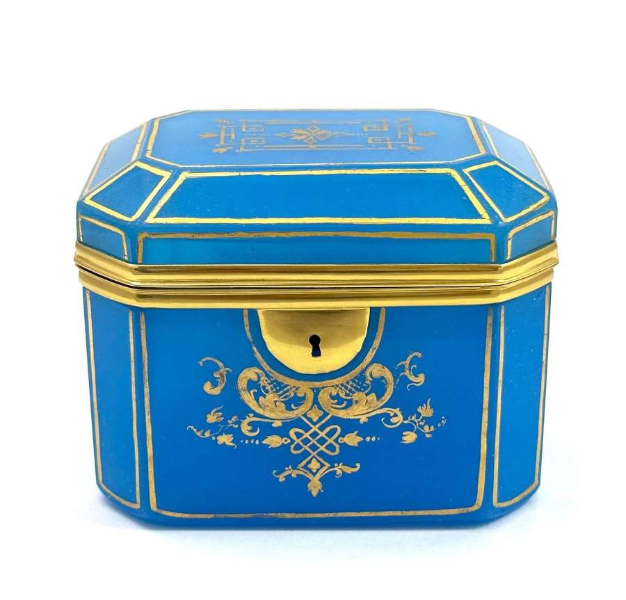 Antique French Octagonal Blue Opaline Glass Box