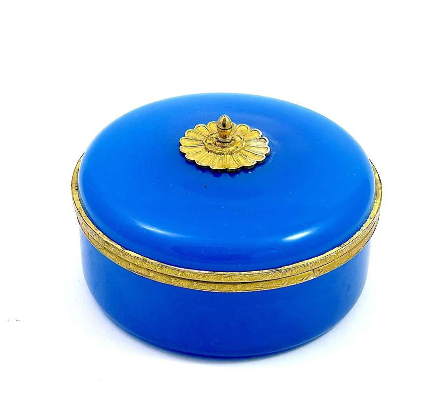 Large Antique French Round Blue Opaline Glass Box