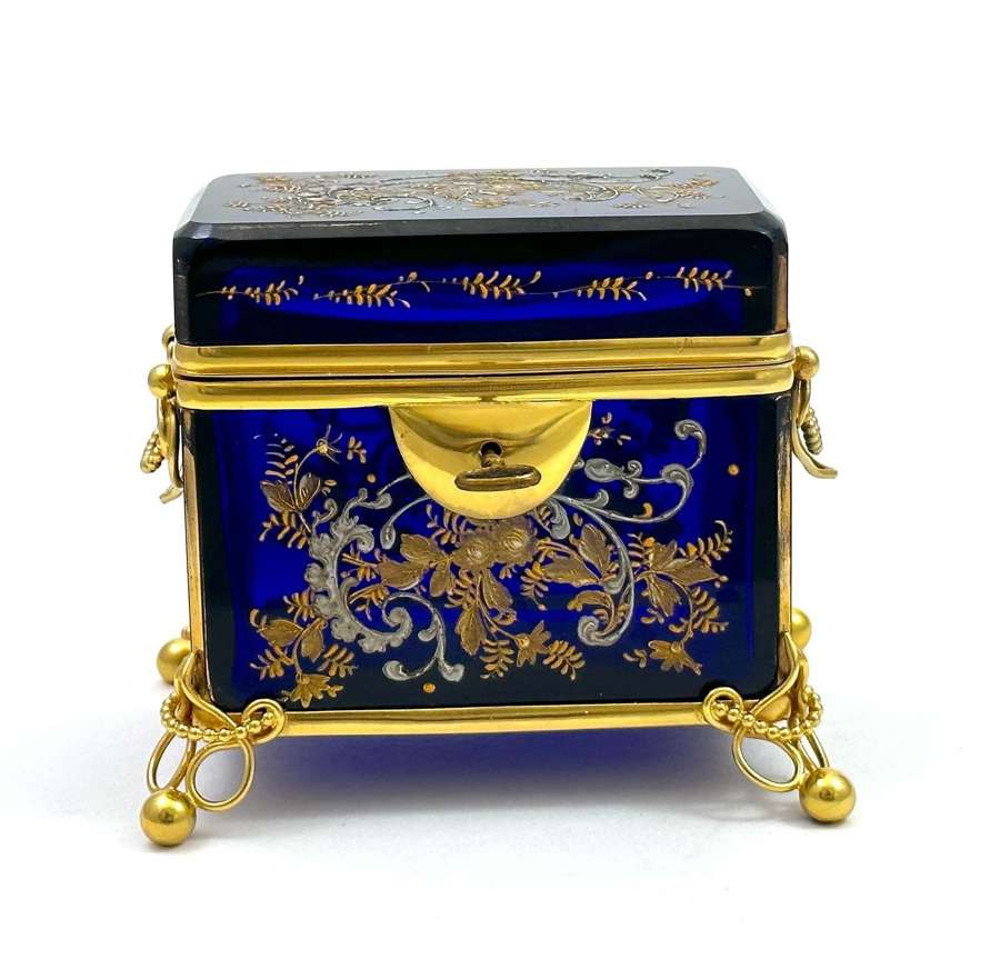 Antique MOSER  Blue Glass Casket Box with Gold and Silver Flowers