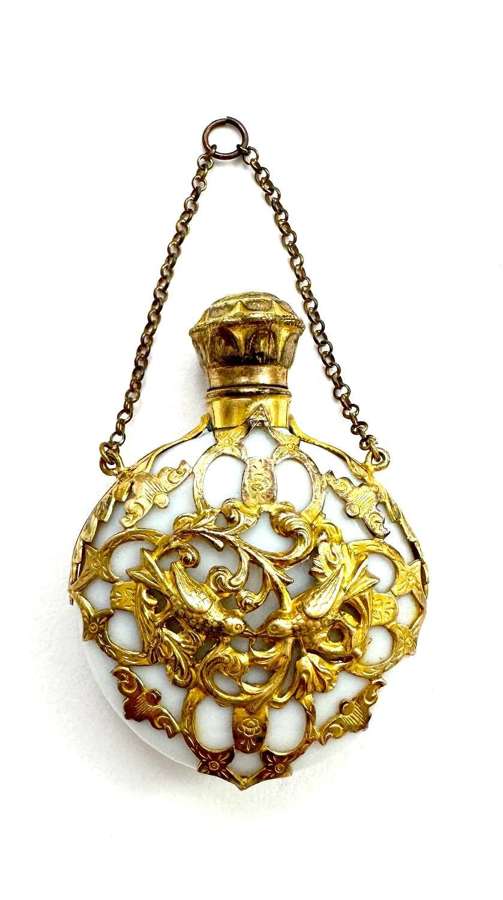 Antique Palais Royal White Opaline Glass Scent Bottle with Chatelaine