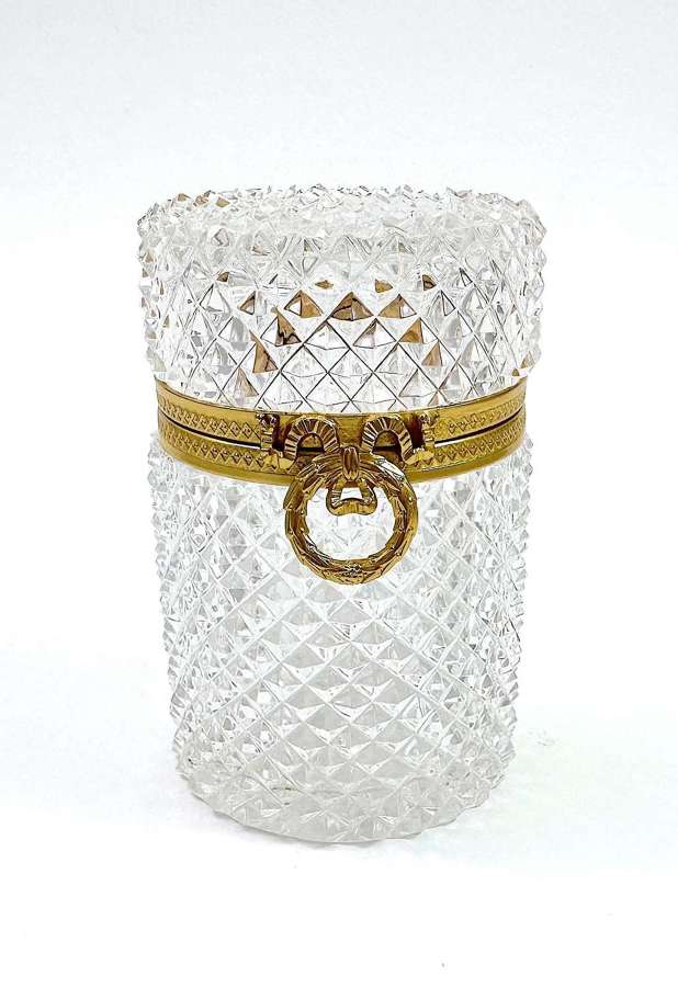 Antique French Baccarat Cut Crystal Glass Box with Large Dore Bow