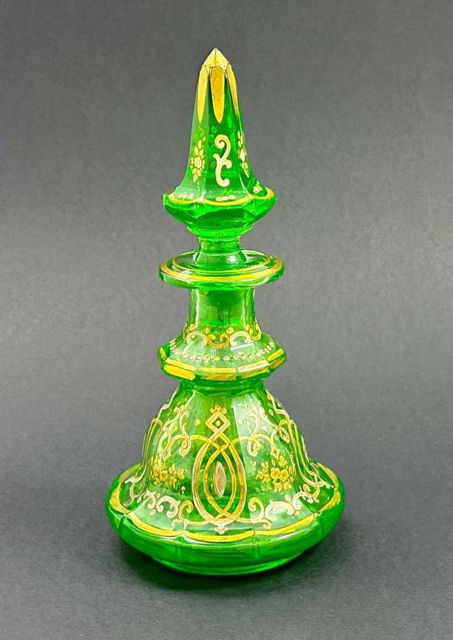 Antique Bohemian Uranium Glass Enamelled Perfume Bottle