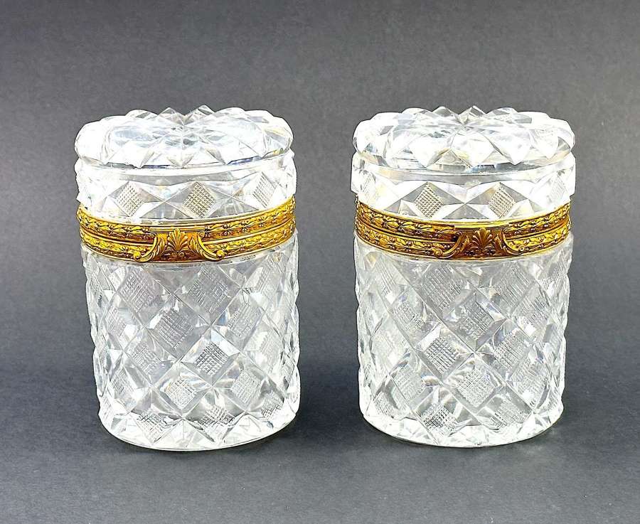 A Pair of Antique  Baccarat Glass Cylindrical Boxes with Shell Clasp