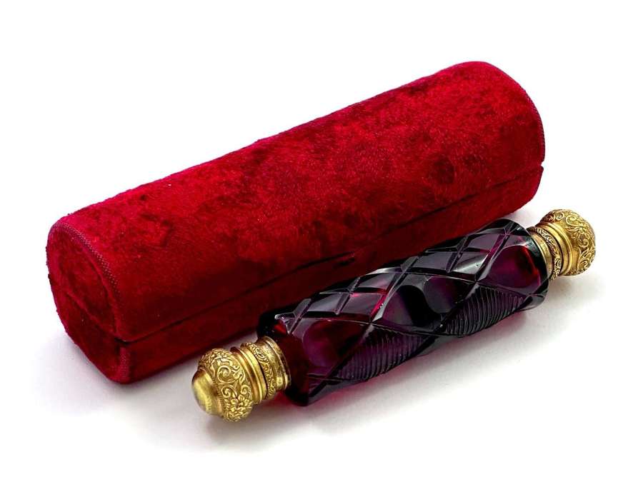 Antique Ruby Red Cut Crystal Double Ended Scent Bottle and Case