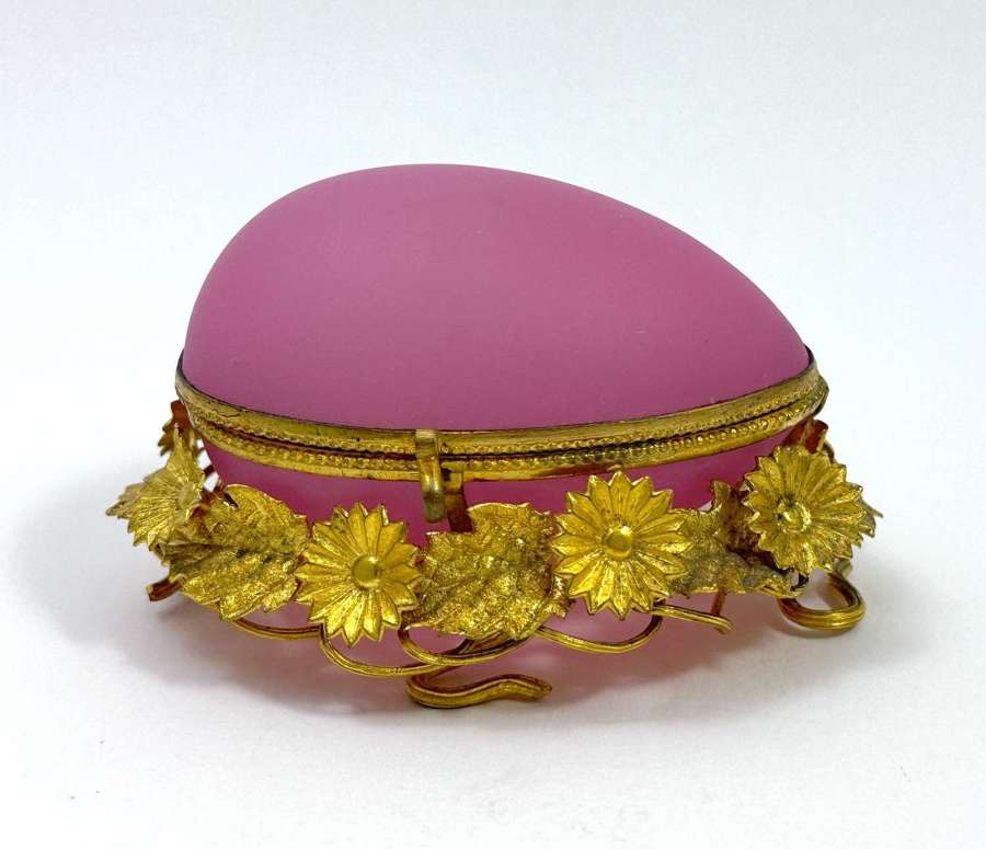 Pretty Antique Palais Royal Pink Opaline Egg with Dore Bronze Flowers