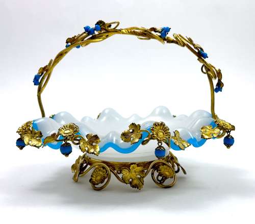 Large Antique Palais Royal White Opaline Glass Basket with Fine Mounts