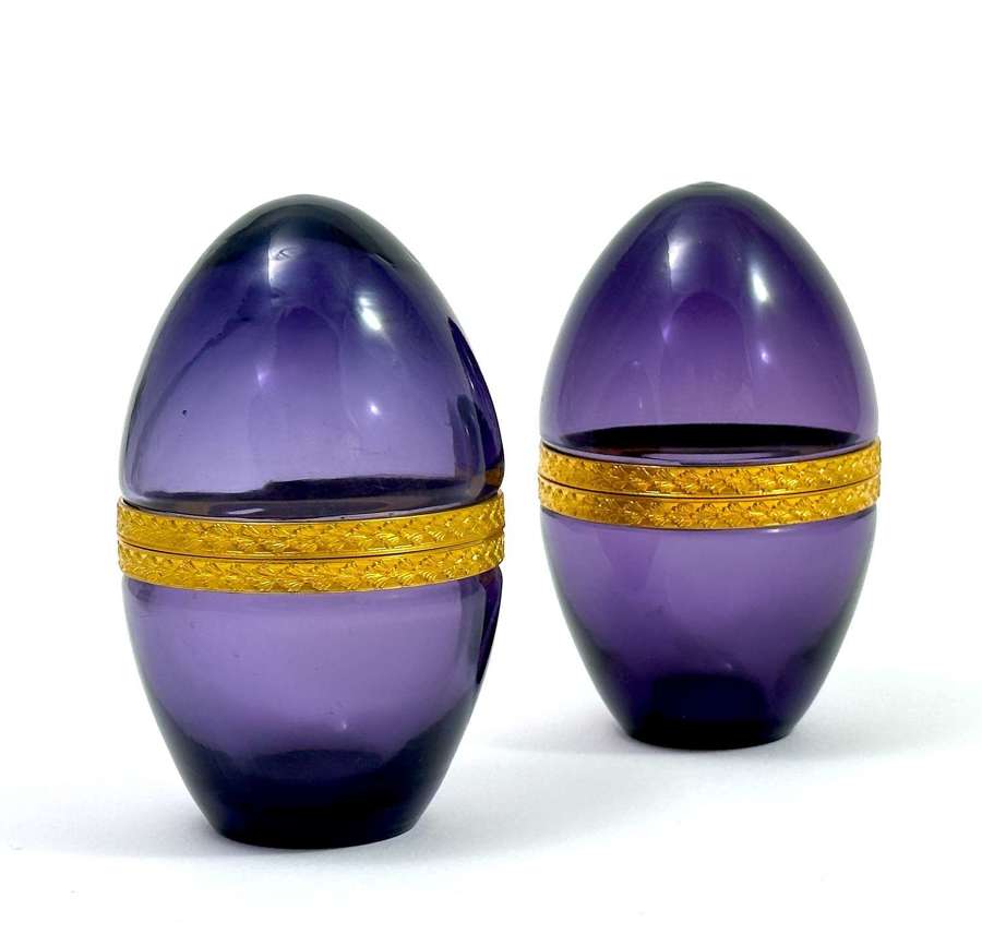 A Pair Antique Murano Amethyst Glass Egg Casket Boxes