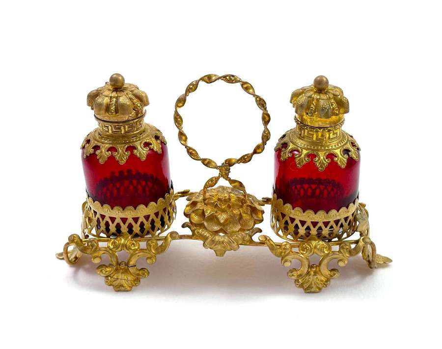Antique French Ruby Red Glass and Dire Bronze Perfume Set.