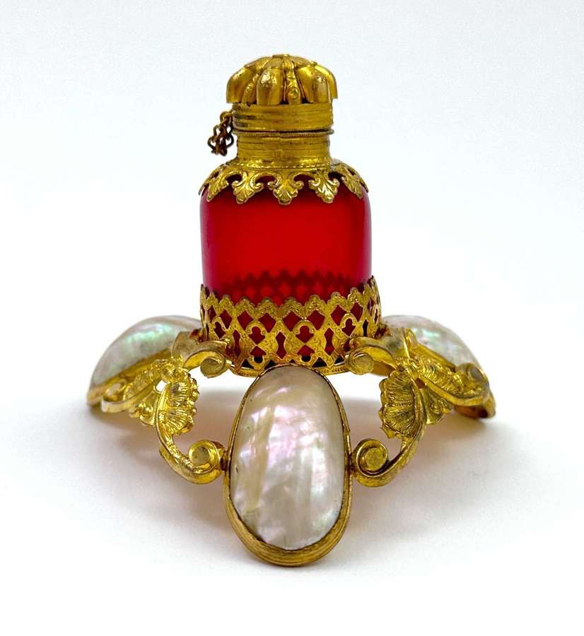 Antique French Ruby Red Glass and Mother of Pearl Perfume Set.