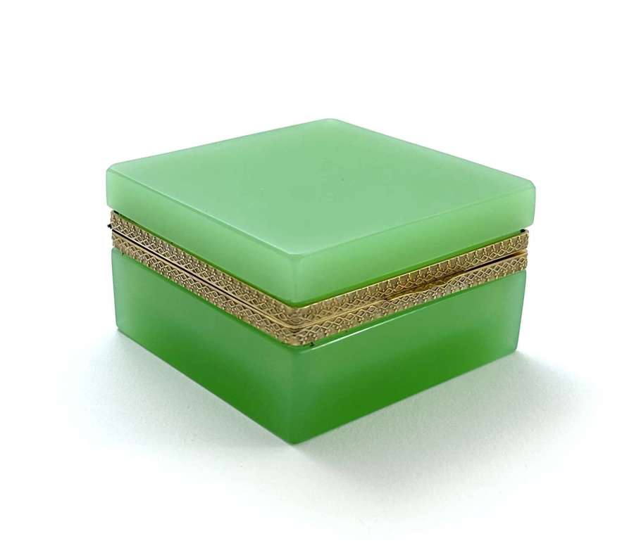Antique Green Opaline Glass Casket Box with Fancy Dore Bronze Mounts