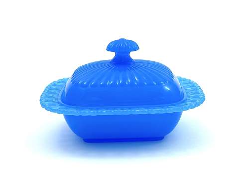 Antique French Blue Opaline Glass Dish & Lid with Pretty Heart Design