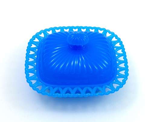 Antique French Blue Opaline Glass Dish & Lid with Pretty Heart Design