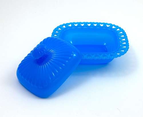Antique French Blue Opaline Glass Dish & Lid with Pretty Heart Design