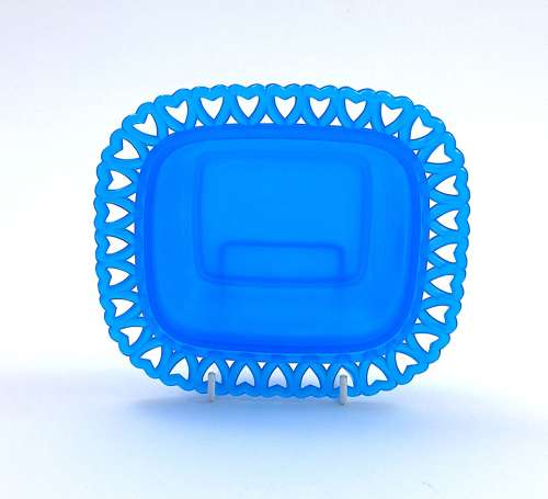 Antique French Blue Opaline Glass Dish & Lid with Pretty Heart Design