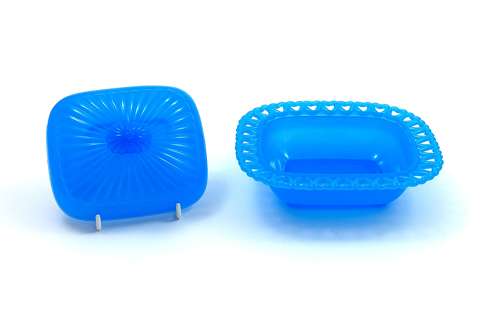 Antique French Blue Opaline Glass Dish & Lid with Pretty Heart Design