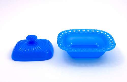 Antique French Blue Opaline Glass Dish & Lid with Pretty Heart Design