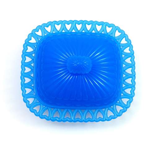 Antique French Blue Opaline Glass Dish & Lid with Pretty Heart Design