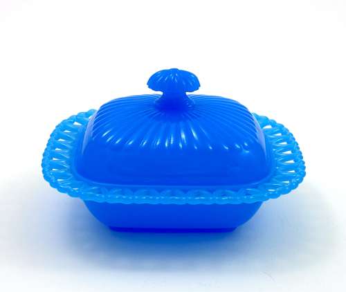 Antique French Blue Opaline Glass Dish & Lid with Pretty Heart Design