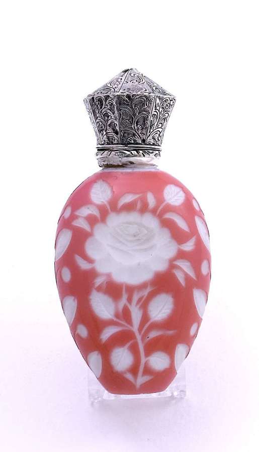 Rare Antique Pink on White Glass Intaglio Cut Perfume with Silver Top
