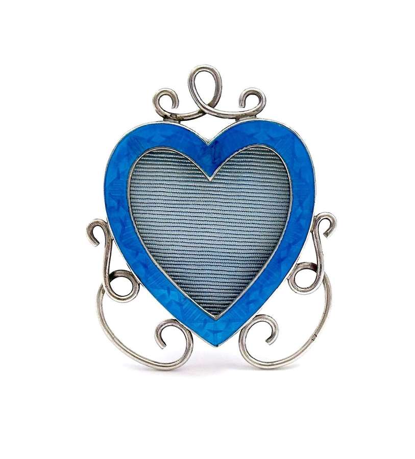 Antique Silver and Turquoise Enamel Miniature Heart Shaped Photo Frame